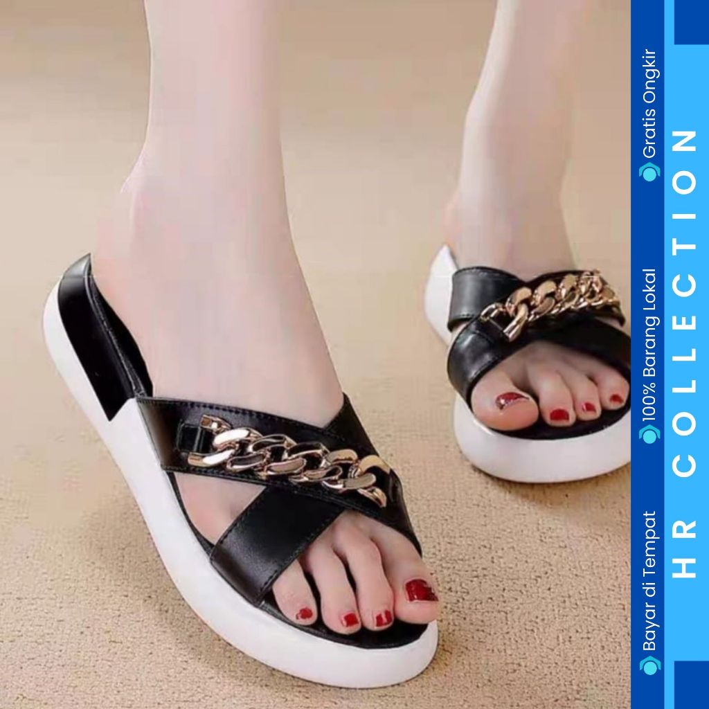 HR COLL - รองเท้าแตะผู้หญิง CASUAL HOME SLIP-ON รองเท้าแตะผู้หญิง CROSS-STRAP CHAIN ID 153