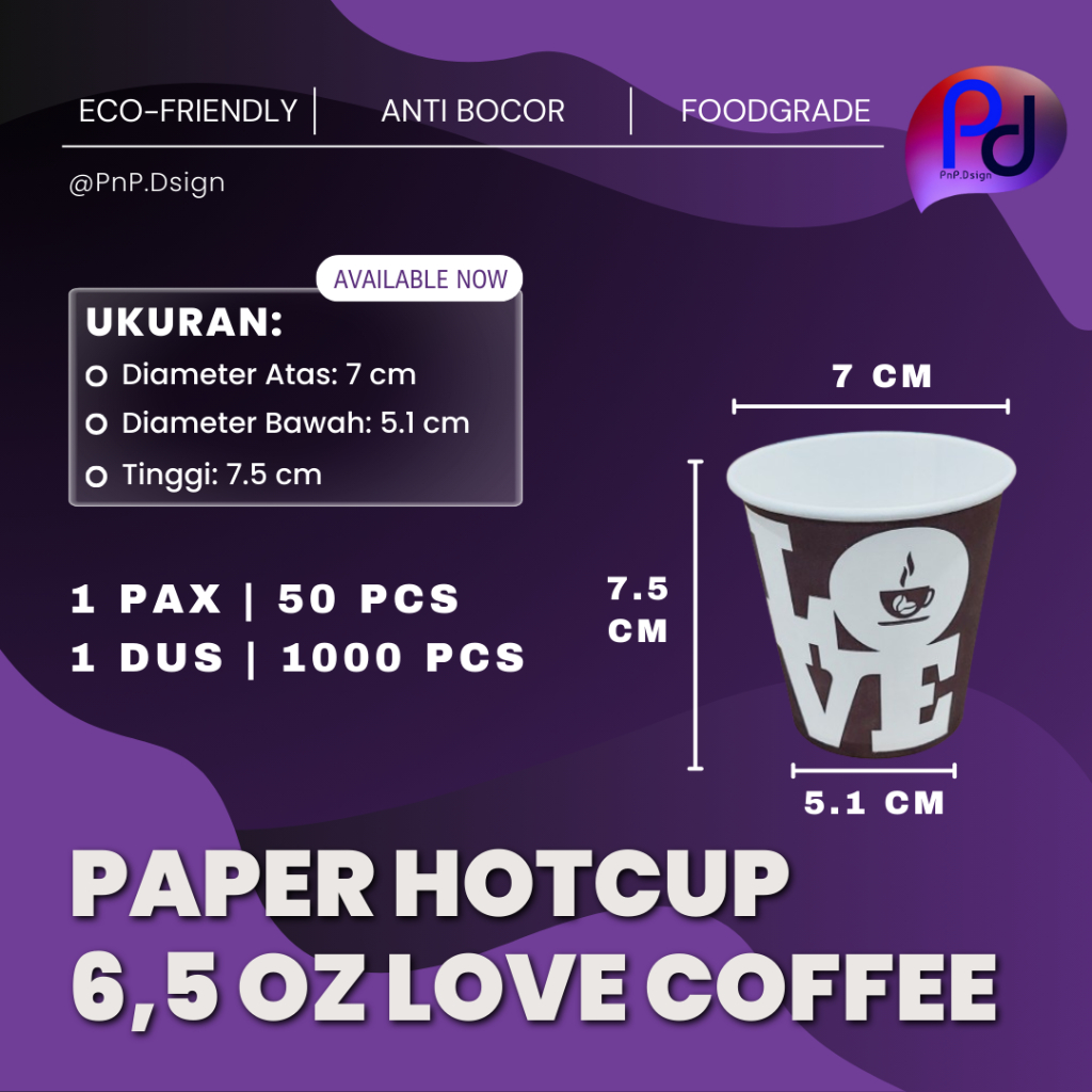 Paper Hot Cup 6.5 oz 180 ml Love Coffee Paper Cup บรรจุ 50 ชิ้น