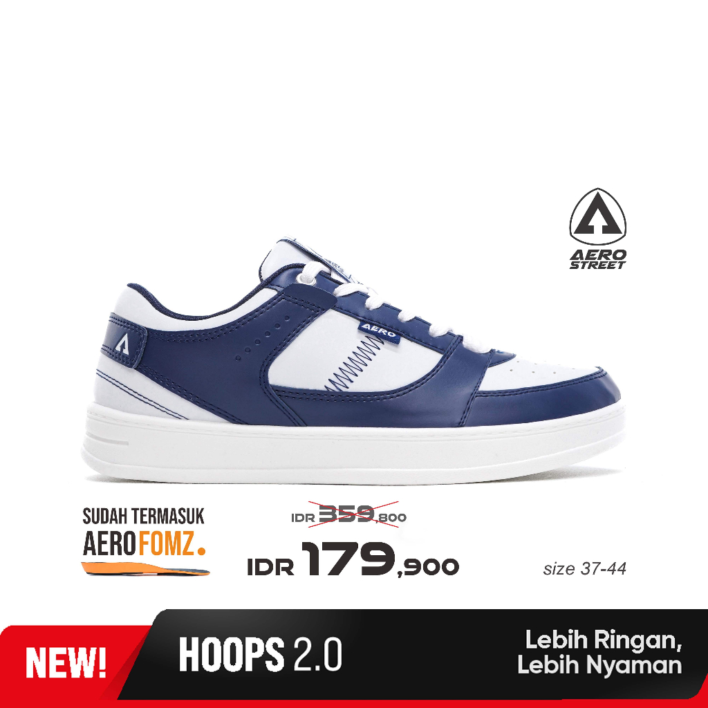 Aerostreet 37-44 Hoops Low 2.0 สีขาว สีน้ําเงินเข้ม - รองเท้าผ้าใบลําลอง