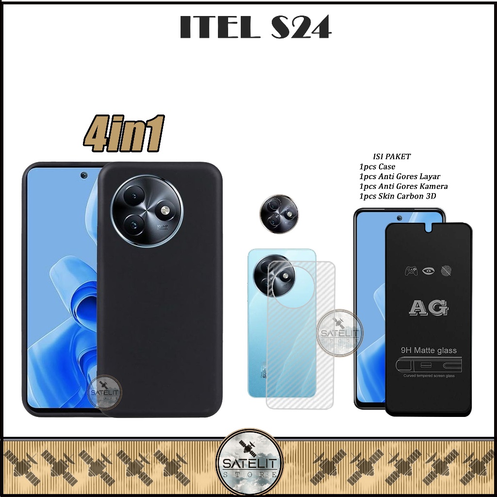 แพ็คเกจเคสกระจกนิรภัย 4-in-1 Slim AG Itel S24 S23 S25 Softcase Liquid Black