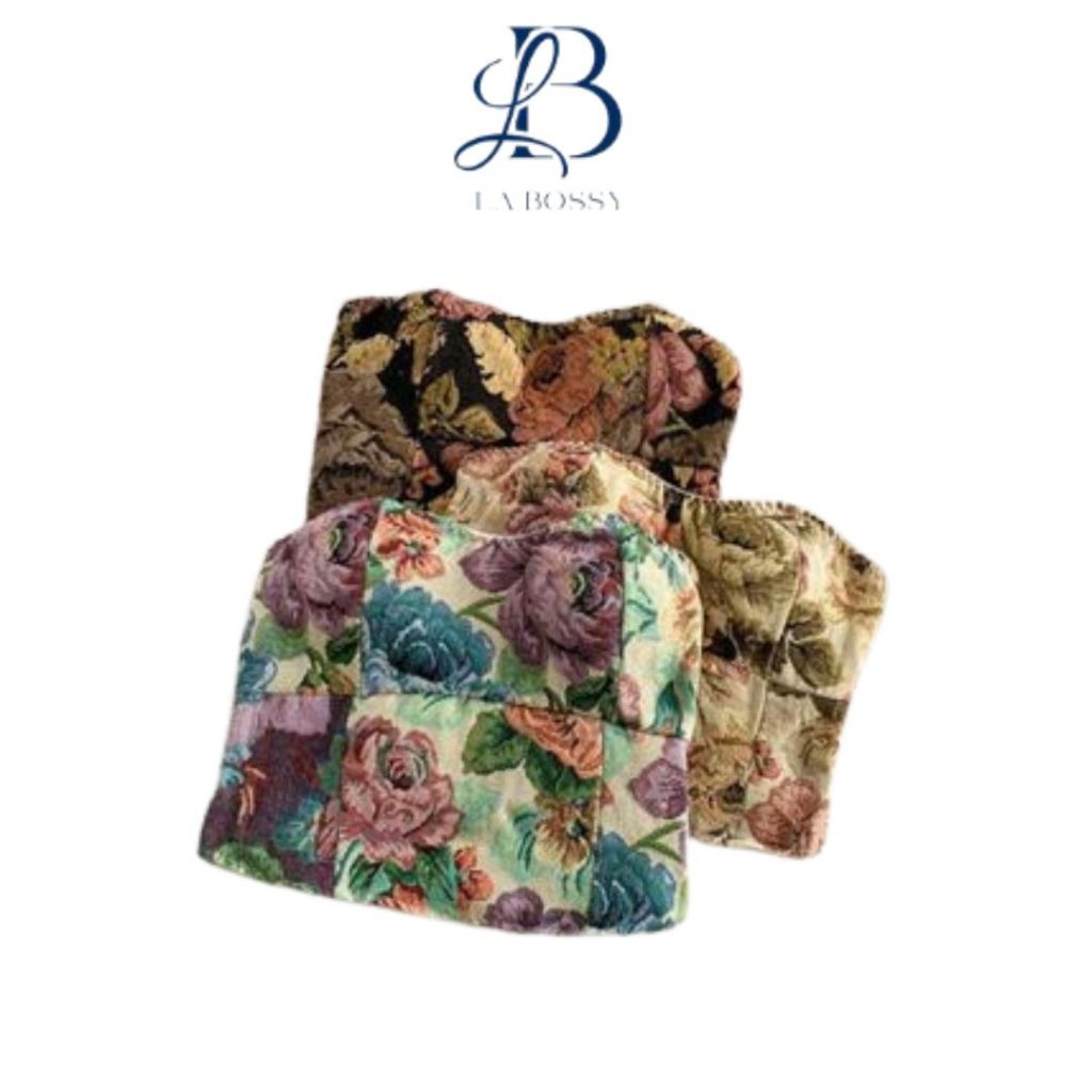 La Bossy แฟชั่น Vintage Floral Premium Sabrina Kemben ลูกไม้เสื้อกั๊ก V คอ Crop Top Slim Fit BRK48