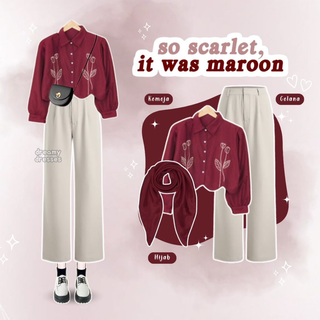 KEMEJA One Set ชุดสไตล์เกาหลีสําหรับวัยรุ่น Maroon Simple Outfit เสื้อ Bukber Ngaburilit - ชุด AA363