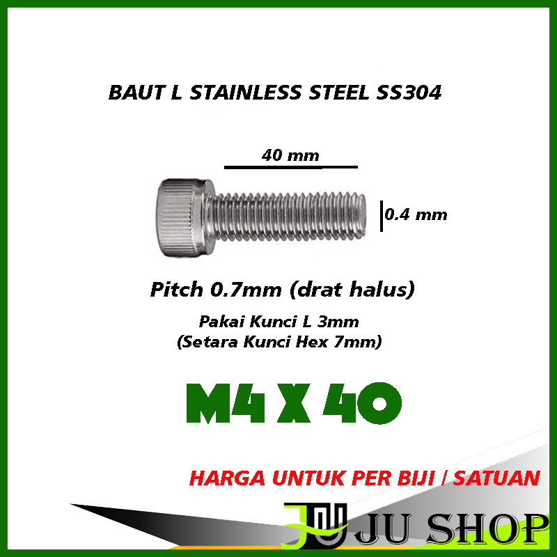 Bolt L M4x40 (SMOOTH) (กุญแจ 7 มม. / กุญแจ L 3MM) สแตนเลส M4 x 40 SS304 (PRICE PER PIECE)