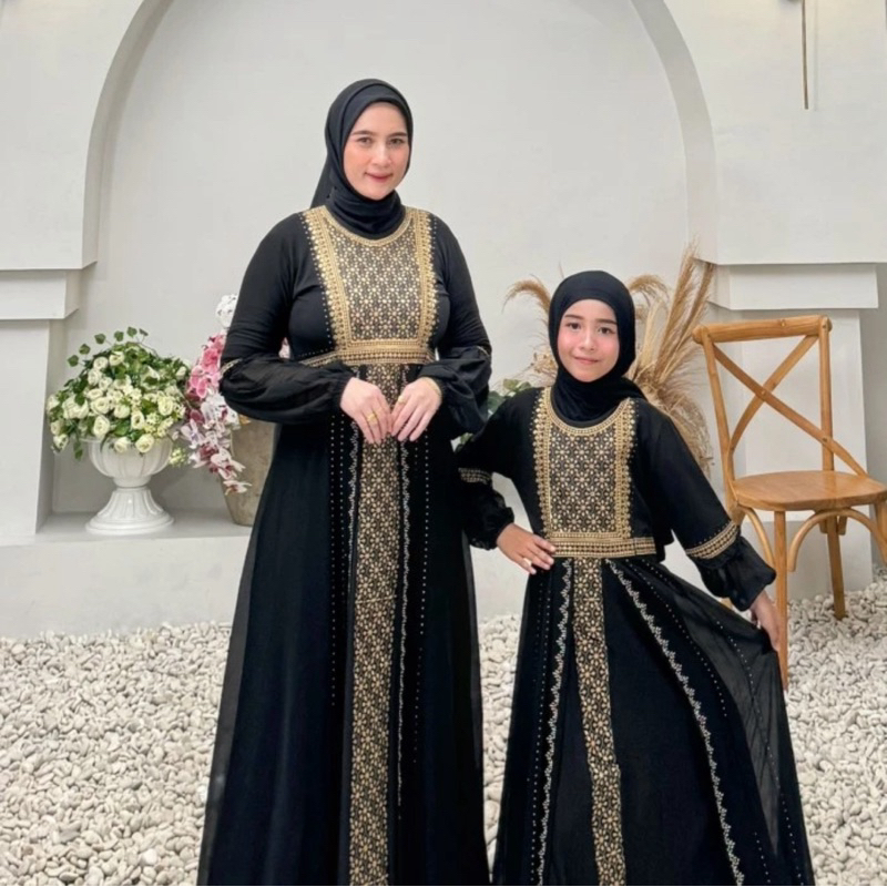 Hitam ตุรกี ABAYA GAMIS สีดํา EMBROIDERED SAFIRA HAND BALLOON COUPLE MOTHER CHILD 5-12 ปี BACK STRAP