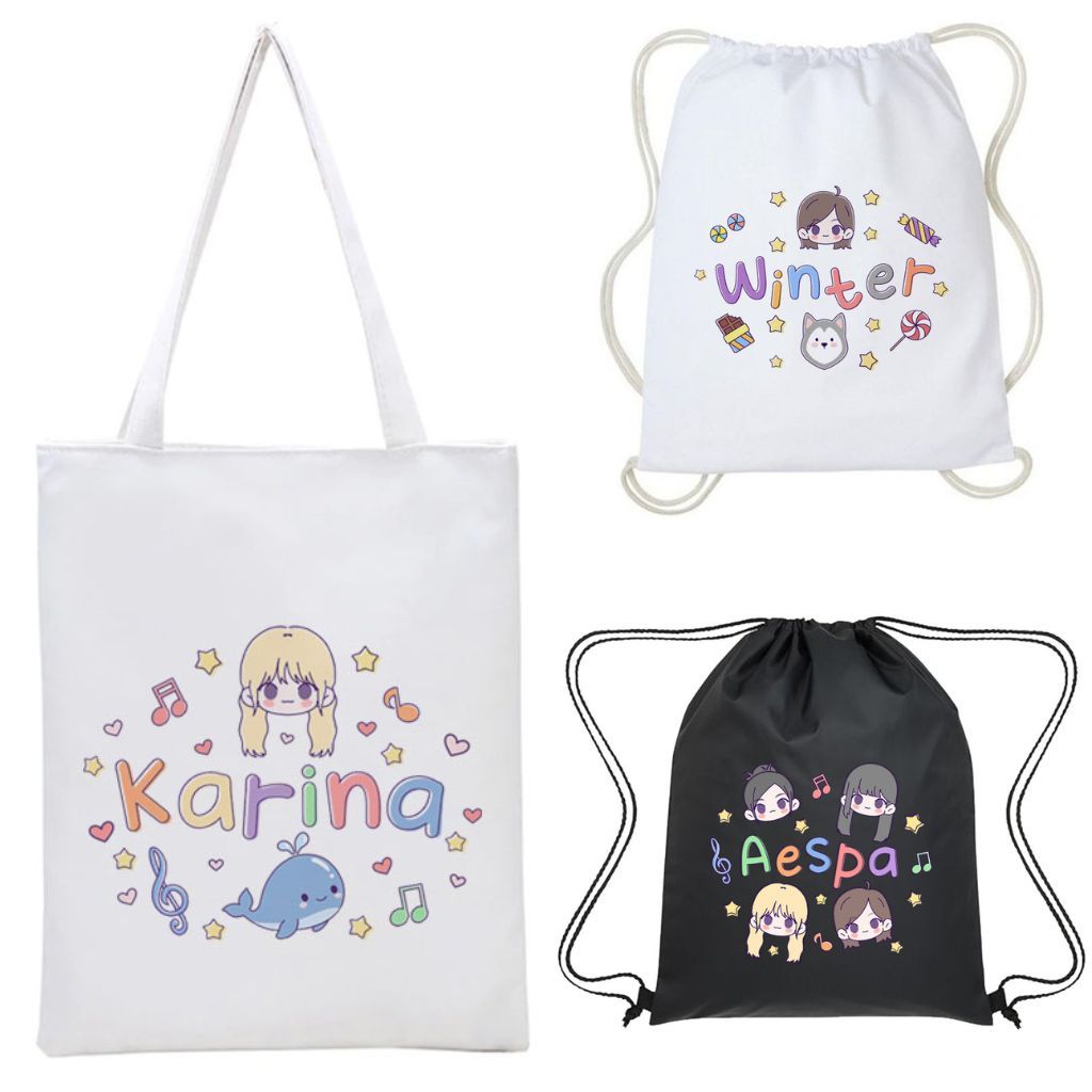 Hitam Totebag Drawstring Bag Aespa น่ารัก Chibi การเขียน SM Entertainment Kpop เกาหลีผ้าใบผู้หญิงความงามสีดํา