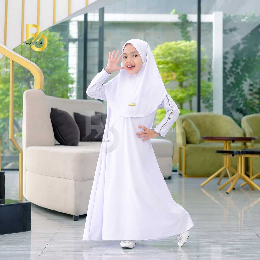 PUTIH ชุด Gamis สําหรับเด็ก Hijab Mecca Set / Gamis สีขาวของเด็กผู้หญิง / เสื้อเจอร์ซีย์เด็ก / Abaya สําหรับเด็ก