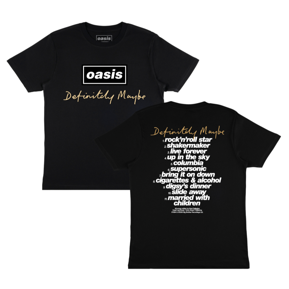 Oasis เสื้อยืด Tracklist แน่นอน - สองสไลด์ - เสื้อ Oasis - เสื้อ Oasis - เสื้อเชิ้ตผู้ชาย - เสื้อวง 