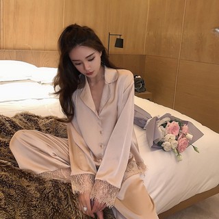 Baju Tidur Wanita Piyama Set BS-5110 Setelan Lace Renda Ice Silk Lengan Panjang Celana Panjang Kancing Depan Mimon Home