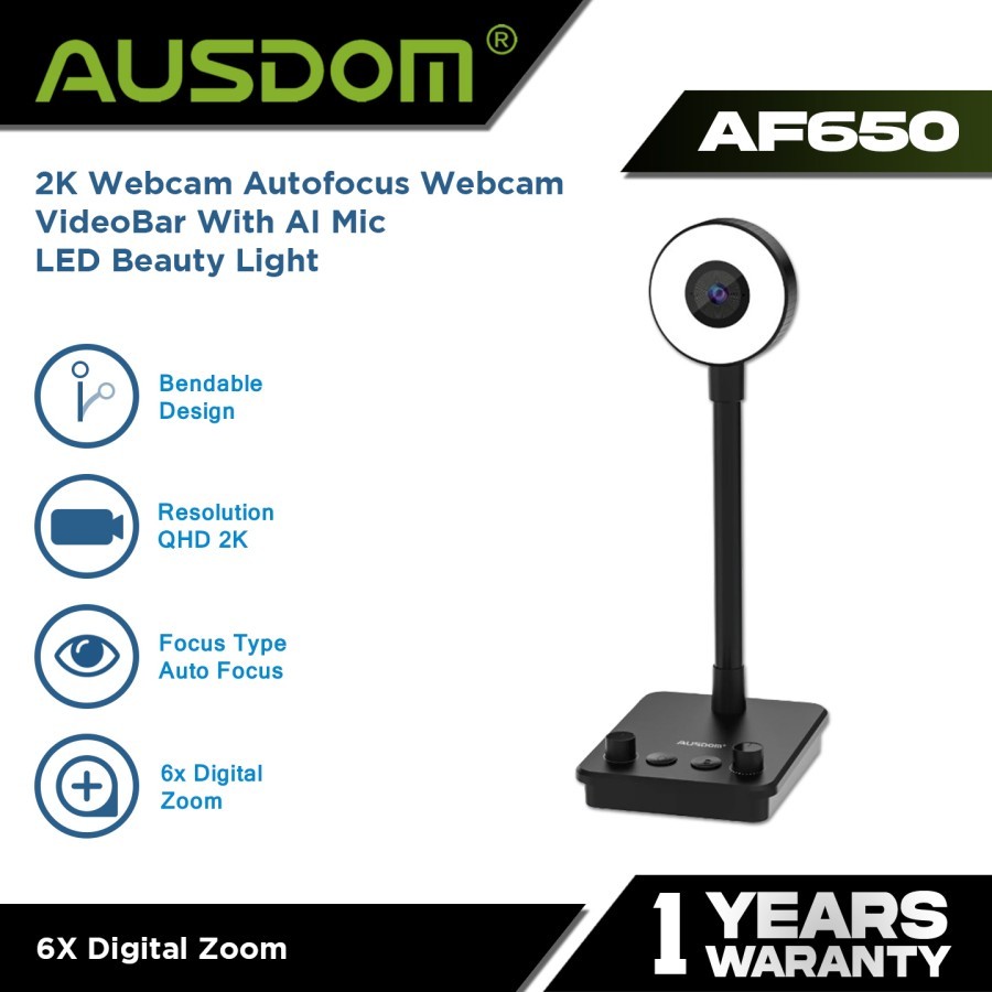 AUSDOM 2K Webcam Autofocus Webcam VideoBar With AI Mic LED Beauty Light, Rotate 6X Zoom USB Computer