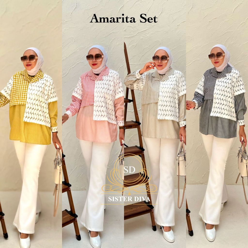 Amarita Set เสื้อผ้าลินินลายทางและกางเกง Scuba ระดับพรีเมียม By Sister Diva