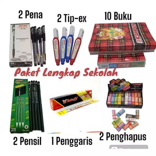 promo paket lengkap sekolah:2pulpen, 2tipex,2pensil, 2penghapus pensil, 1penggaris dan 1pak buku(10pcs) BMC CAMPUS/buku sidu#buku tulis sekolah anak