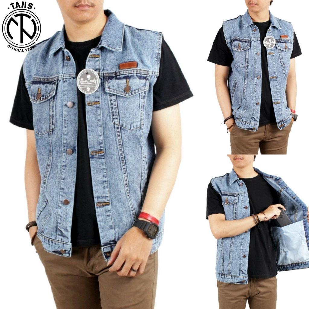 TANS - เสื้อกั๊กยีนส์ Sandwash ผู้ชาย Lekmong / Original Flower Country Distro Denim Collar Vest Jacket