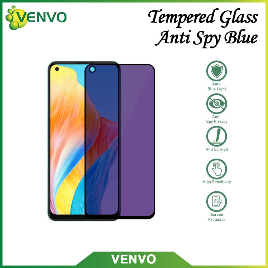 VENVO - กระจกนิรภัย Anti Spy Blue Oppo R17 Pro A76 A36 A96 A91 A1K Reno 2F 2Z 3 4 5 5F 6 4G 5G 6.6 7