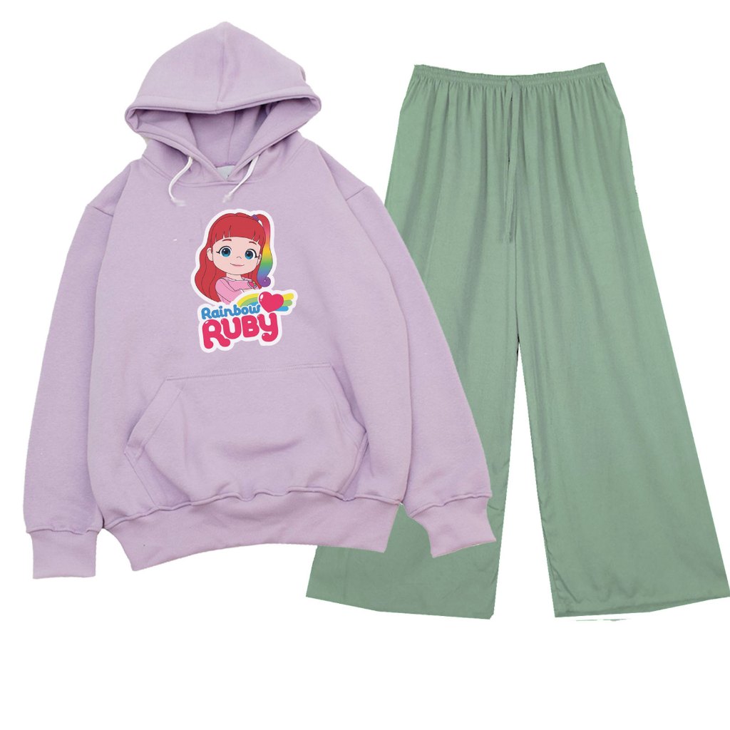 Rainbow Ruby Hoodie Sweater Set Viral Rainbow Teenage Girls Culottes Pants