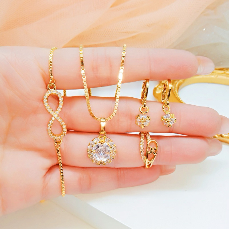 Xupingmurah - แพ็คเกจผูกปมเครื่องประดับผู้หญิง 4 ชิ้น SET12UI มีสร้อยข้อมือ สร้อยคอ ต่างหู แหวน