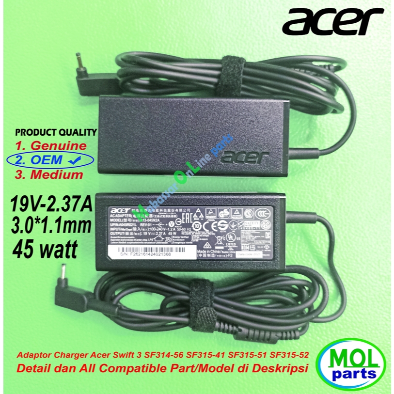 Acer Swift 3 SF314-41 SF314-51 SF314-51-52D Infinity 4 SF314-5111-58SN 19V-2.37A 3.0*1.0 มม.ปลั๊กขนา