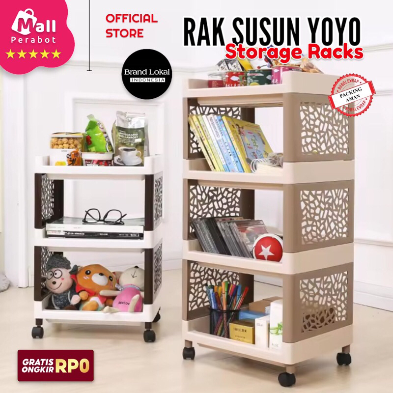 WAREHOUSE Mall furniture YOYO สีดําอเนกประสงค์ 4 ชั้นซ้อนชั้นพร้อมล้อชั้นวางของในห้องน้ําวัสดุ