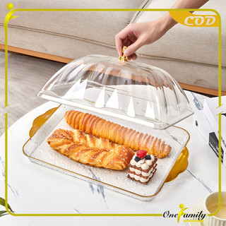 ONE-C1206 Set Nampan Saji Transparan Aesthetic dengan Tutup Nampan Mewah Handle Gold / Food Tray Baki Wadah Buah Roti Serving Platters