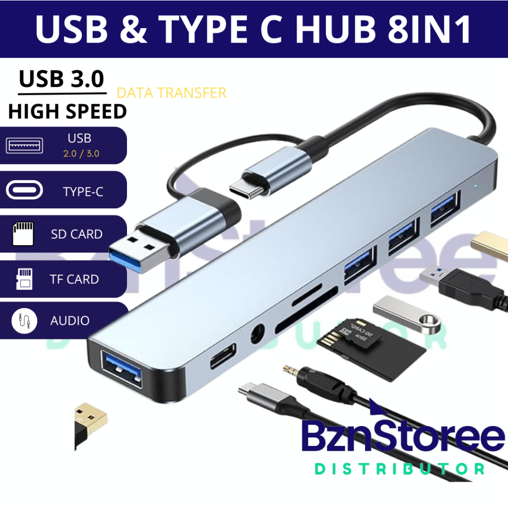 อะแดปเตอร์แปลงฮับหลายพอร์ต 8 in 1 USB Type C เป็น USB 3.0 ฮับ ความเร็วสูงพร้อมเสียง เครื่องอ่านการ์ด