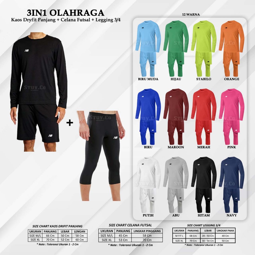 3IN1 SUIT PACKAGE DRYFIT LONG T-SHIRT SHORT PANTS & 3/4 LEGGINGS UNISEX FITNESS SPORTS