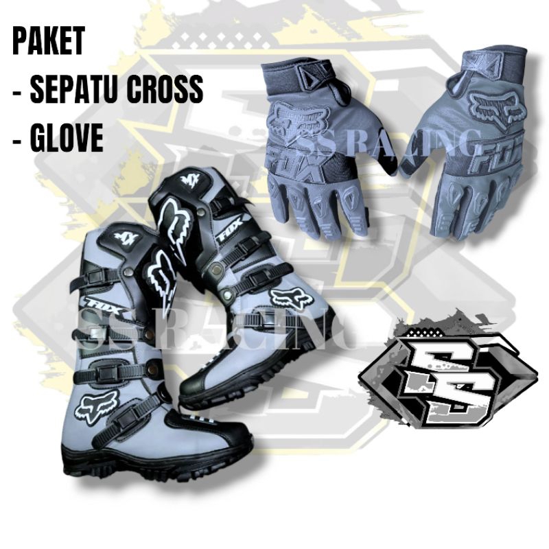 CROSS รองเท้า + ถุงมือผู้ใหญ่ CROSS GLOVE TRAIL OFFROAD TRABAS GESTRIK TOURING ADVENTURE MOTORCYCLE GREY