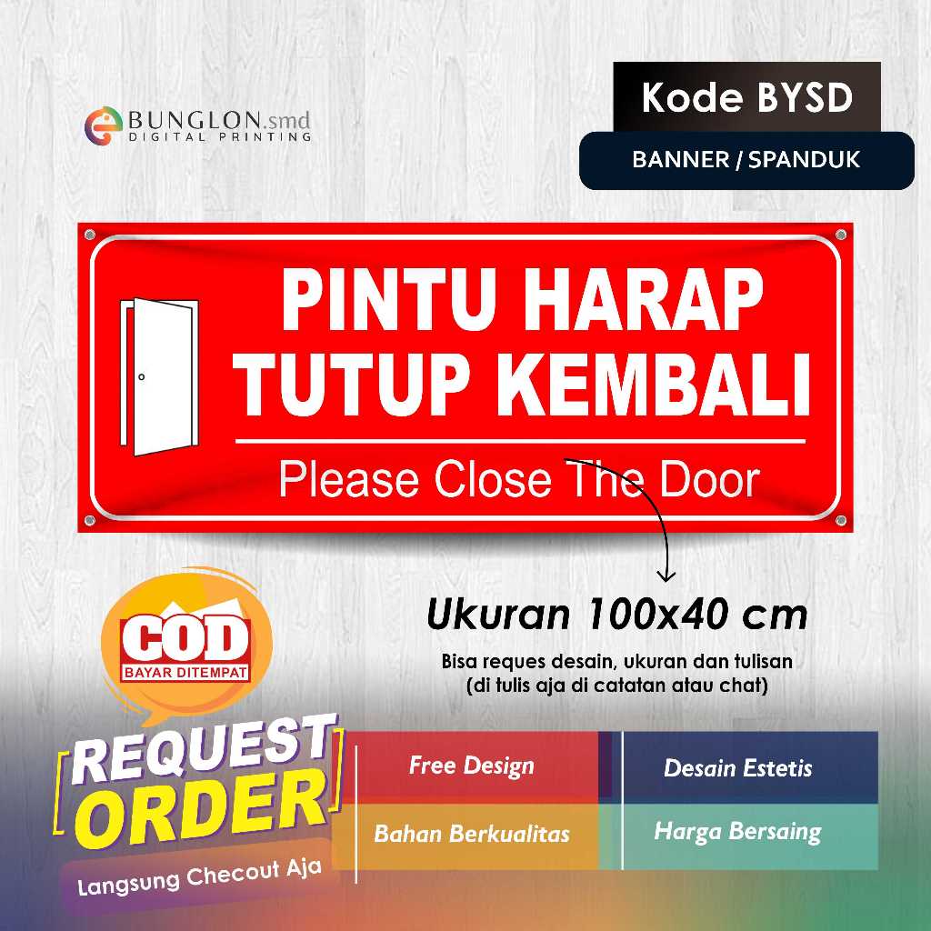 MERAH ประตู BANNER PLEASE CLOSE BACK CODE BYSD RED