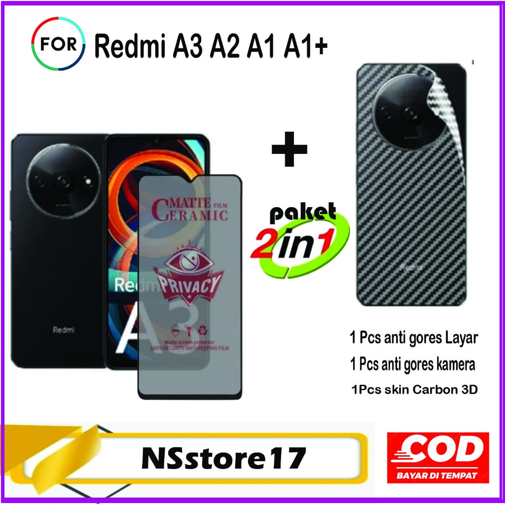 2-in-1 Ceramic Matte Spy Redmi A3 A2 A1 A1+ Anti-Spy Full Cover Package