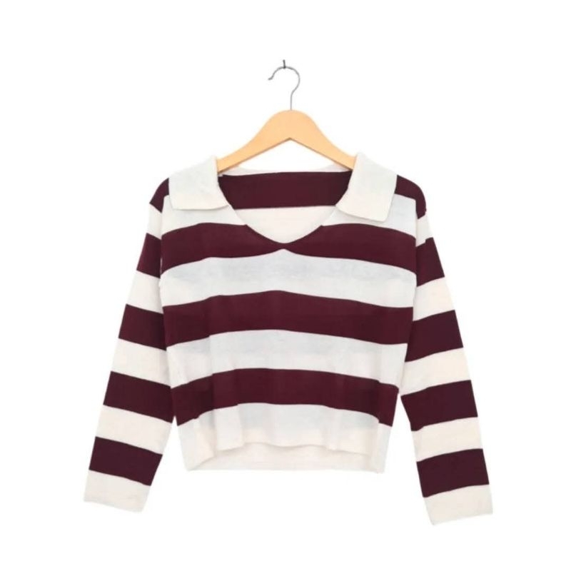 เสื้อสเวตเตอร์ครอปคอปกลาย Maroon BW (CODE: B52 - 23)