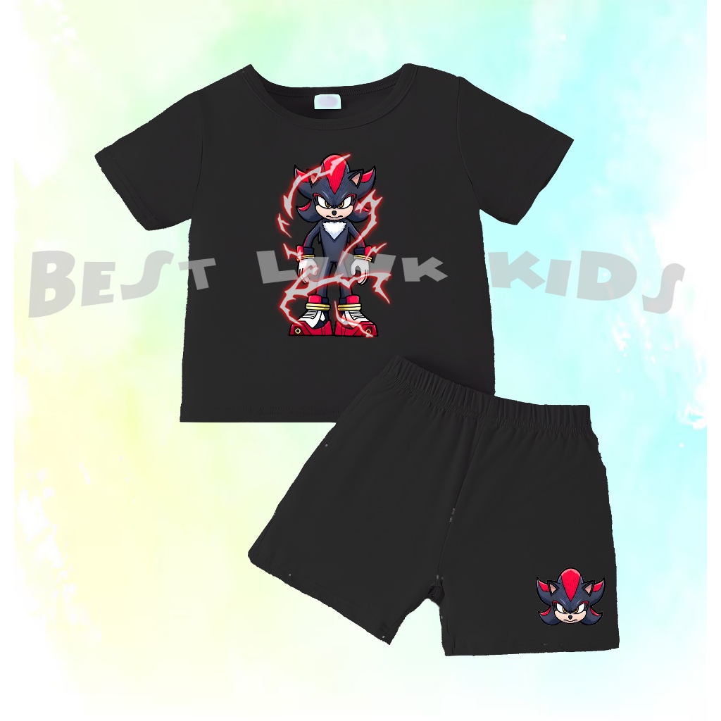 Hitam Shadow Sonic Costume ชุดเสื้อยืดเด็ก - Best Kids เสื้อยืดสีดําและกางเกงขาสั้นตัวละคร