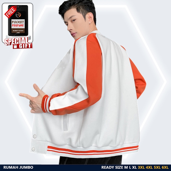 ผู้ชายที่ดีที่สุด VARSITY JACKET สีขาว COMBINATION ORANGE (M-6XL) CUSTOM OVERSIZE BUTTON VARSITY JAC