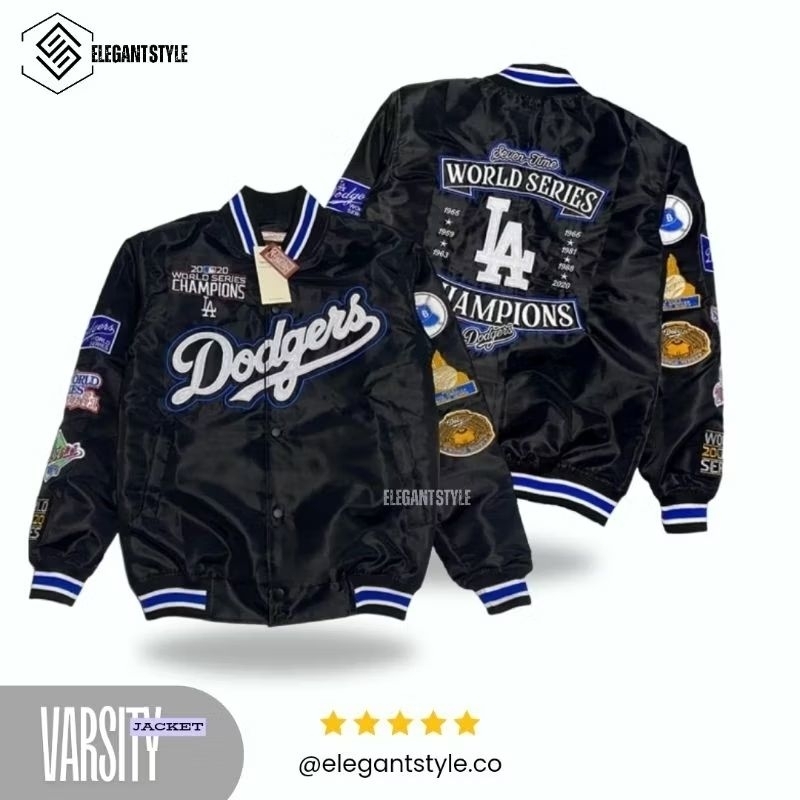 [ELEGANTSTYLE] Varsity Baseball Jacket DODGERS BLACK ElegantStyle Unisex ปักเต็ม - วัสดุ Taslan นําเ