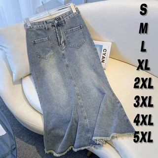 |kekinian.factory(Ready stok !!!) 5XL jumbo rok duyung jeans korean style rok jeans wanita panjang 7/8 warna hitam retro denim cewek