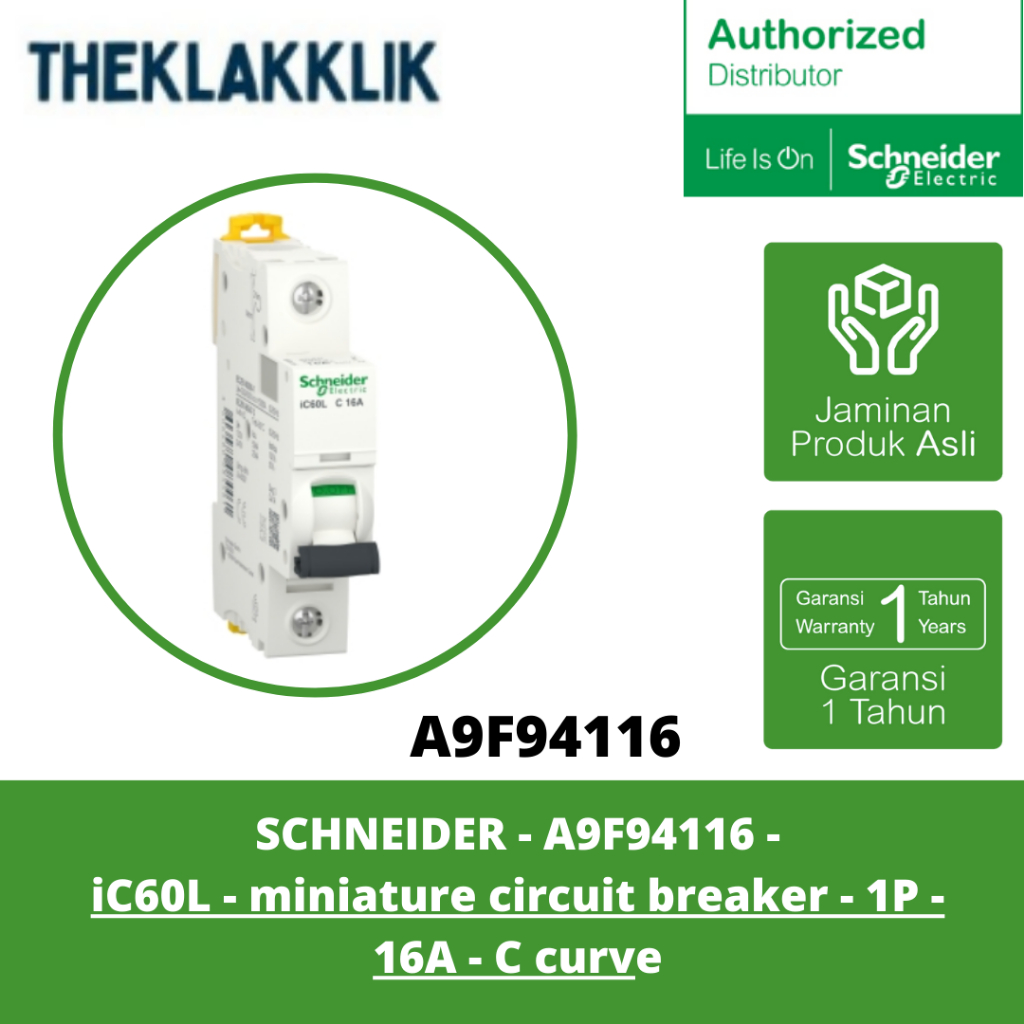 SCHNEIDER - A9F94116 - MCB Acti9 iC60L - 1P 16A - Curve C - 230 V