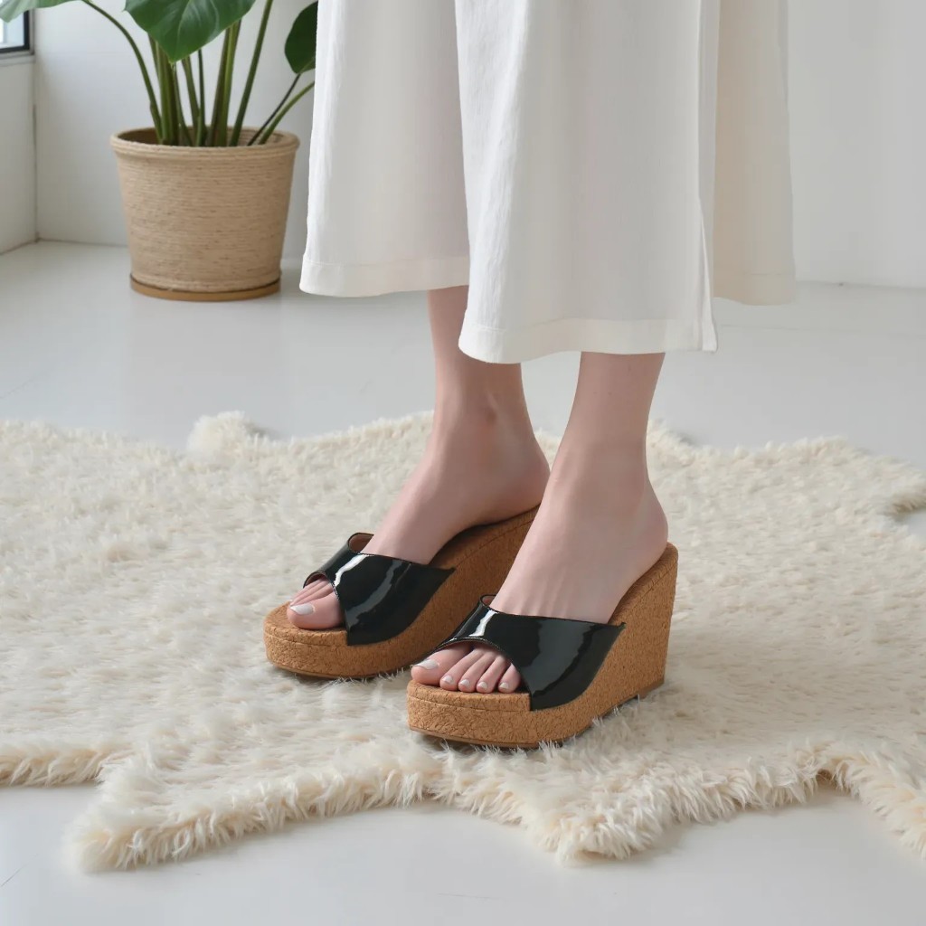 High Wedges Sandals Womens Wedges Shoes Premium Black Korean Wood Motif Plain Heels