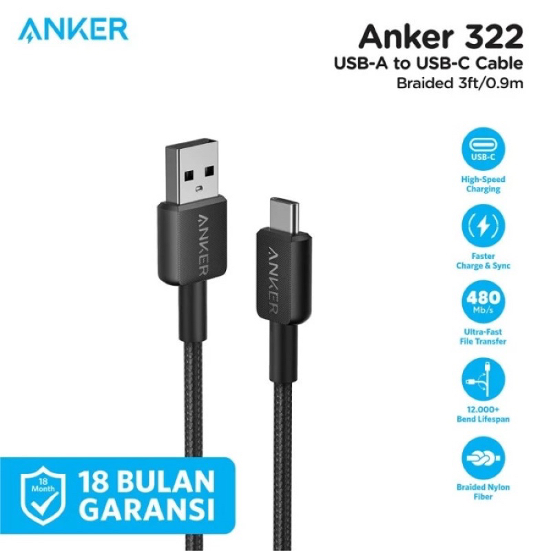 Anker 322 สายเคเบิลข้อมูล USB-A ถึง USB-C 3ft 0.9m Braided - A81H5
