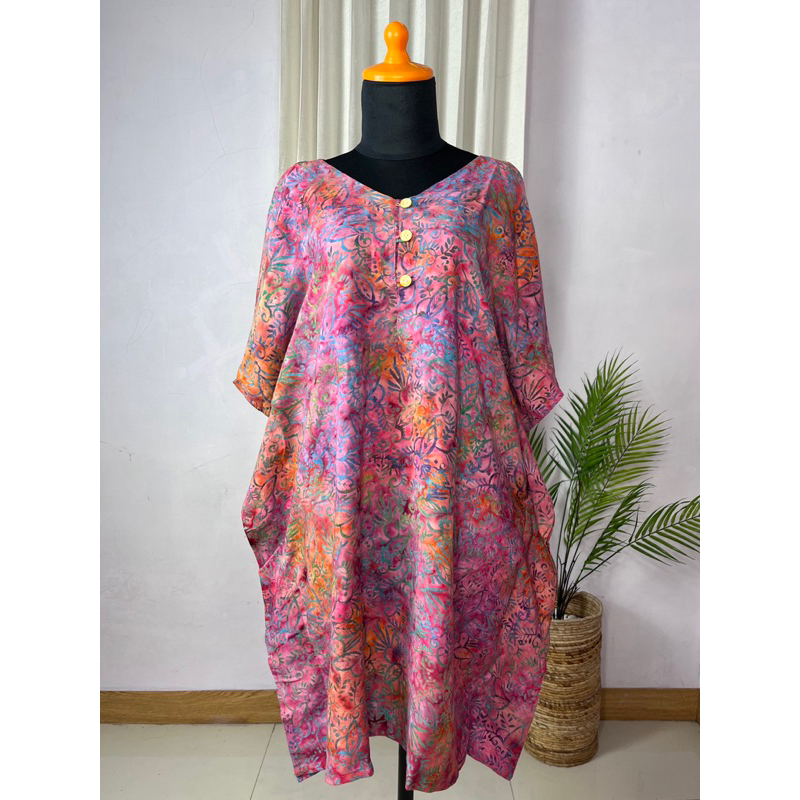 KRITA Pink Lowo V Dress Daster Busui Bumil Jumbo Rayon Batik Cap Premium LD 130