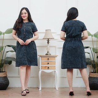 Dress jeans wanita styiel Korea  model serut tali ikat pinggang saku kanan kiri