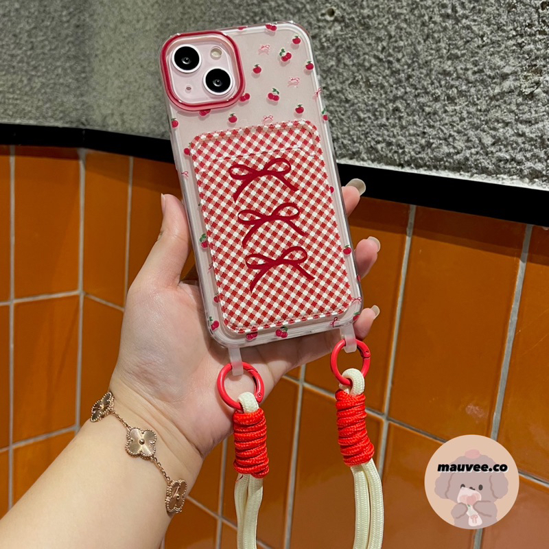 [READY] IPHONE CASE HYERI CARD HOLDER CASE RED CHERRY RIBBON