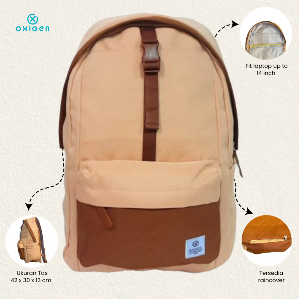 Oxigen Feira กระเป๋าเป้สะพายหลังแล็ปท็อปสําหรับผู้หญิงกระเป๋าเป้สะพายหลังโพลีเอสเตอร์ผ้าคลุมกันฝนฟรี