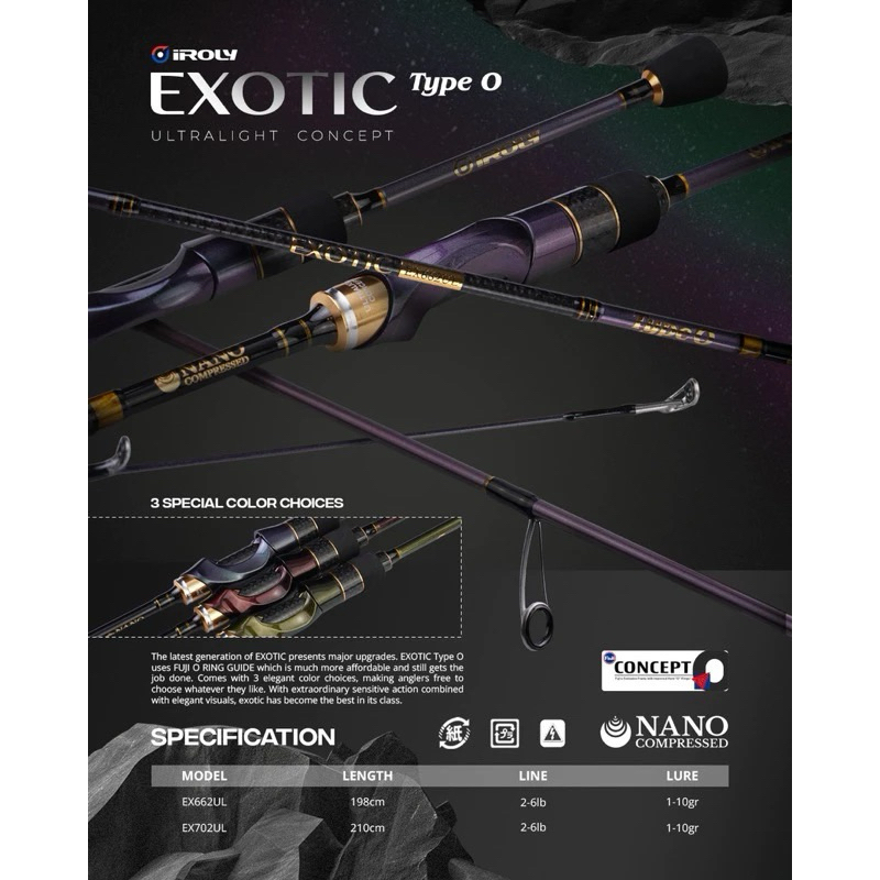 IROLY EXOTIC คันเบ็ดน้ําหนักเบาพิเศษ Type O / แหวนฟูจิ / คาร์บอนแข็ง 2-6lb
