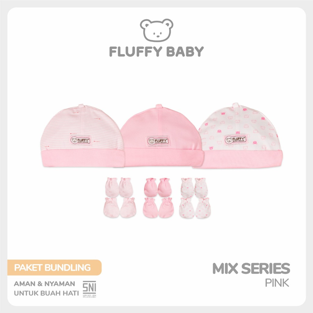 Buling หมวกและถุงมือเท้าขนปุย (3 คู่) TSTK3 PINK NEWBORN