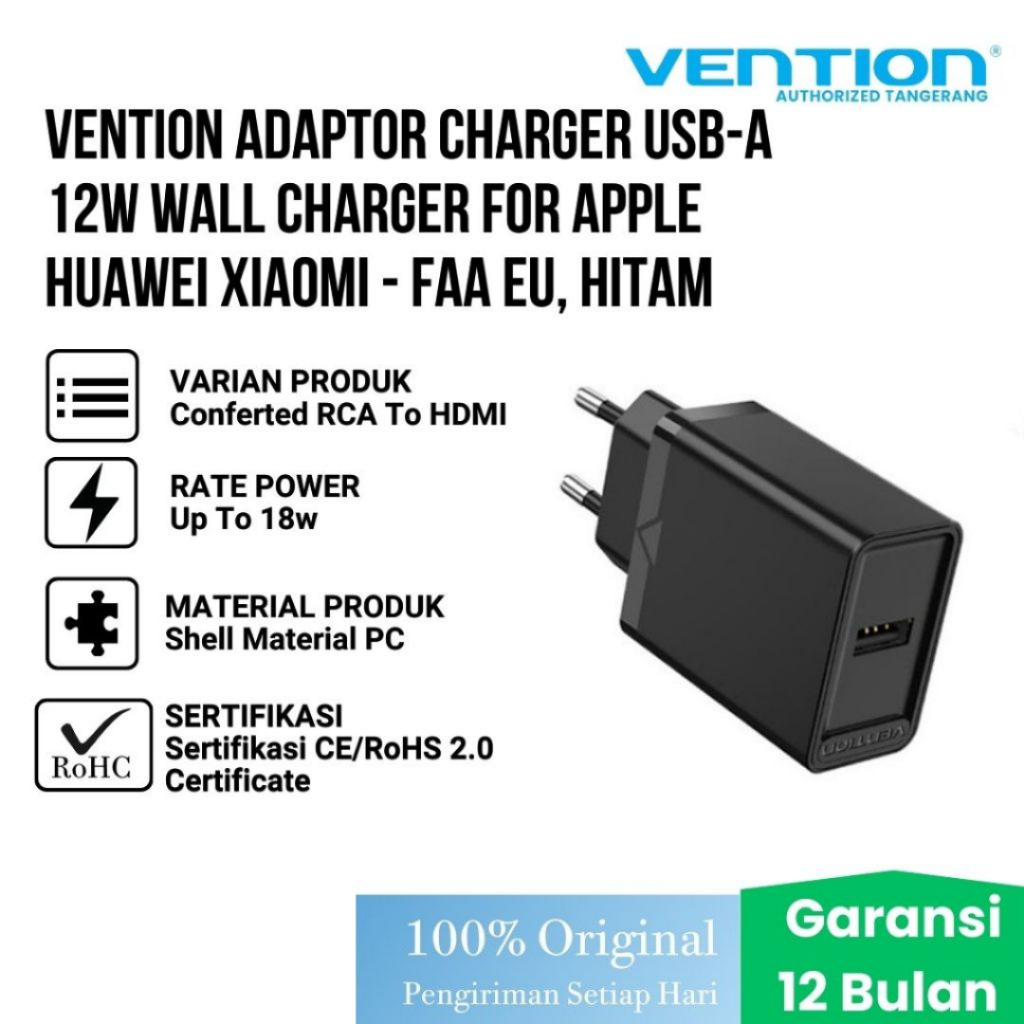 Vention USB-A 12W Wall Charger Charger Adapter สําหรับ Apple Huawei Xiaomi