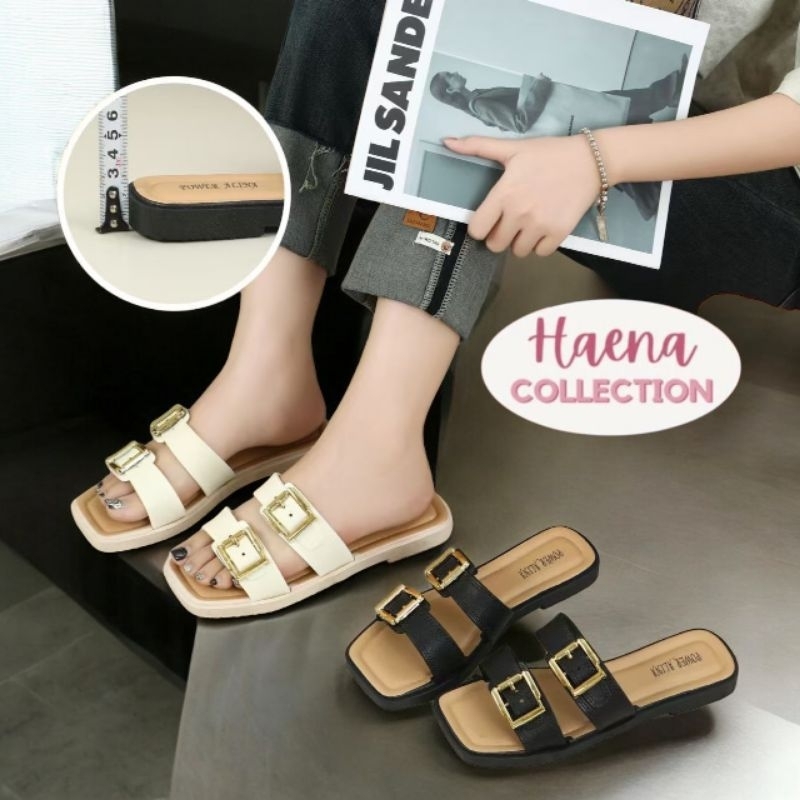 [Haena.Collection] รองเท้าแตะแบบสวมสําหรับผู้หญิงพร้อมหัวเข็มขัดทองสองตัว Variations ใหม่ 1688-S1