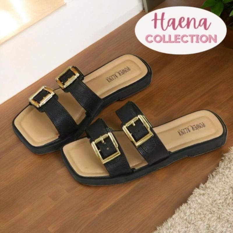 [Haena.Collection] รองเท้าแตะผู้หญิงแบบสวมพร้อมหัวเข็มขัดทองสองตัว Variations ใหม่ 1688-S1