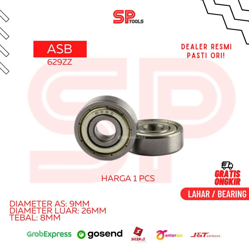 LAHAR / BEARING ASB 629ZZ 629 ZZ IRON CAP 9MM X 26MM x 8MM