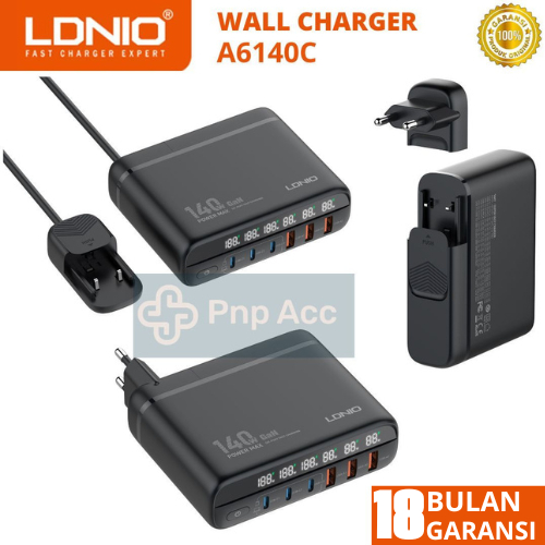 LDNIO A6140C Desktop Charger จอแสดงผล LED GaN 6 พอร์ต 140W Fast Charger