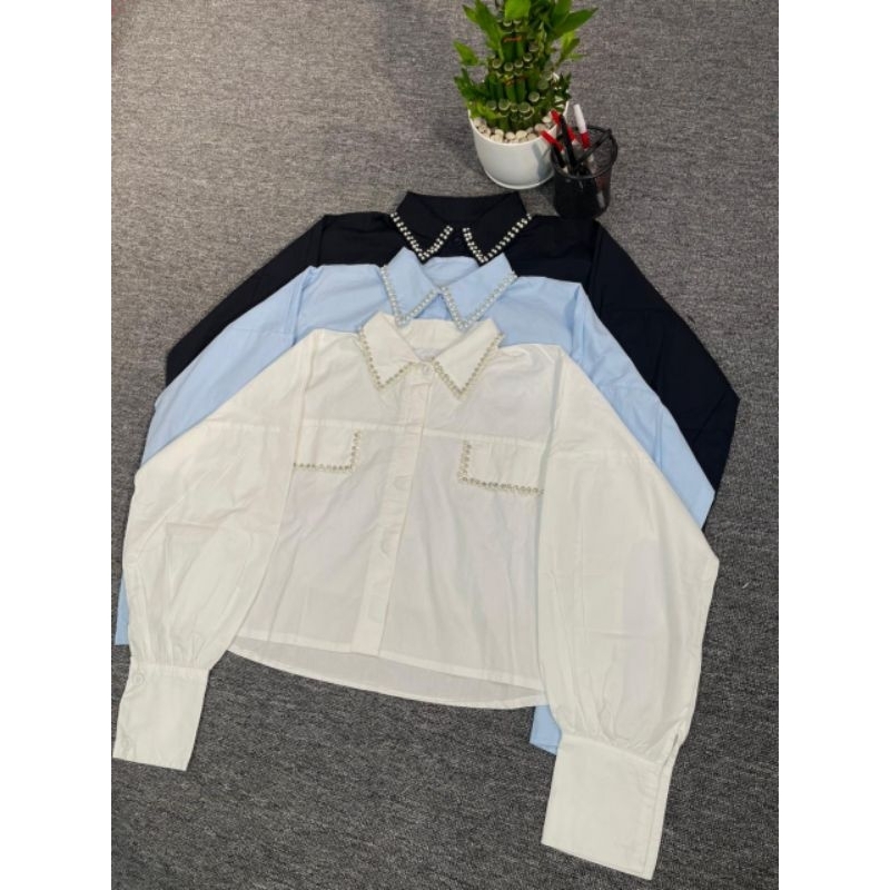 Hagoo.idn เสื้อครอปอินเทรนด์ของผู้หญิง เสื้อเบลาส์ เสื้อคอปกใส่สบาย