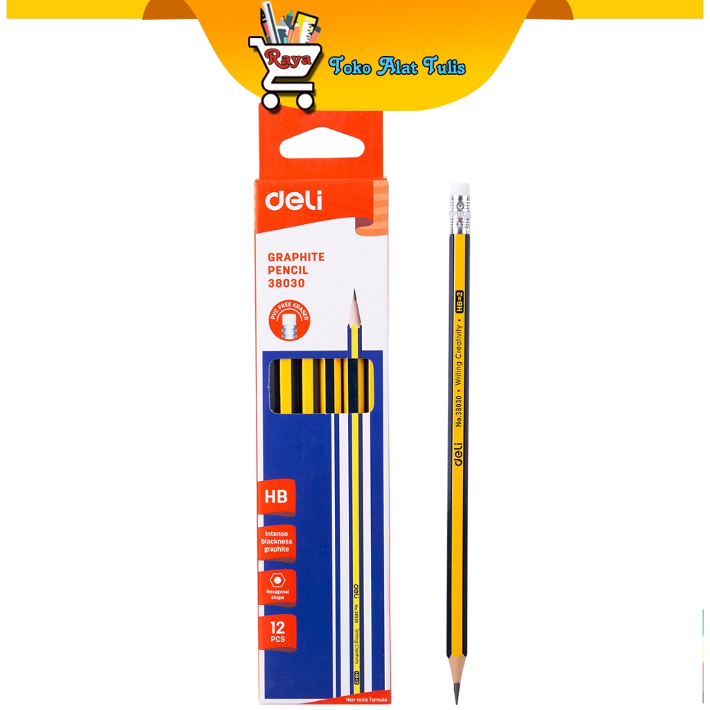 Deli HB Pencil พร้อมยางลบที่ปลายดินสอ E38030 Graphite Pencil HB w/eraser