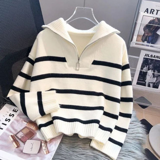 NADIRA - Sweater Stripe Classy Zipper Rajut Wol Santai V-Neck Polos Bunga Setrip Hitam Putih