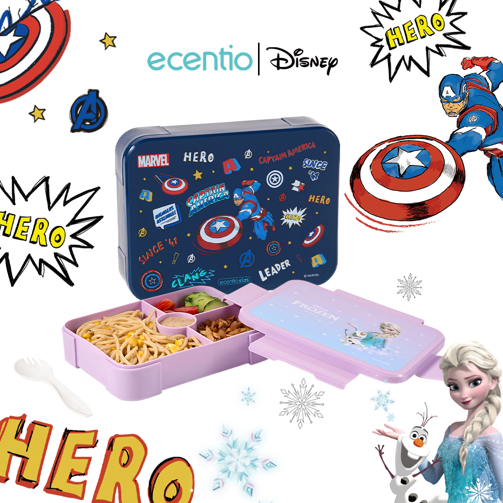 Originalecentiokids กล่องข้าวเด็กนักเรียนป้องกันการรั่ว 950ML Disney Marvel Captain America/Elsa กล่องข้าวน่ารัก BPA ฟรีกล่องอาหารกลางวันเด็กช้อนฟรี